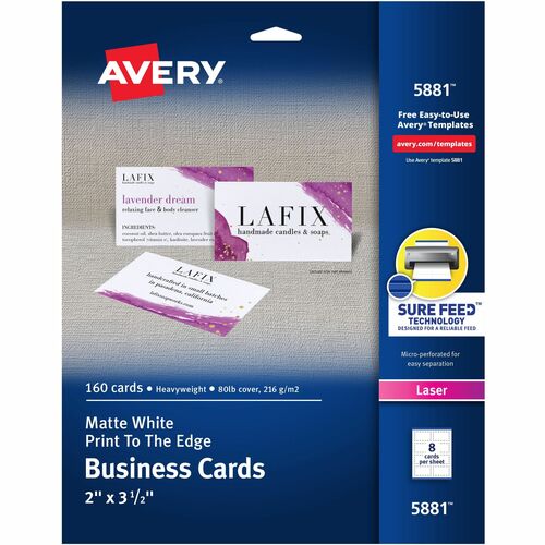 Avery Business Cards,F/ Color Laser Printer,160/PK,2"x3-1/2",White