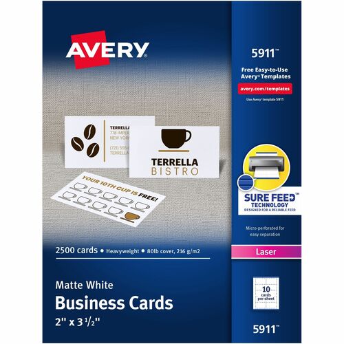 Avery Business Card, Laser, 2"x3-1/2", 2500/BX, White