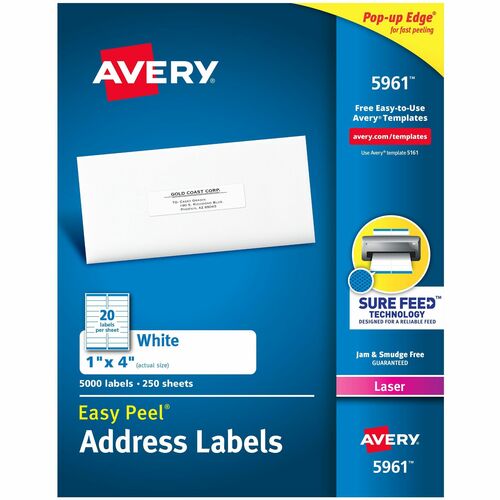 Avery Laser Labels, Mailing, 1"x4", 5000/BX, White