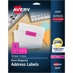 Avery  Address Labels, Laser, 1"x2-5/8", 750/PK, Neon Magenta