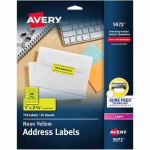 Avery  Address Labels, Laser, 1"x2-5/8", 750/PK, Neon Yellow