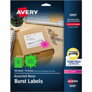 Avery  Neon Laser Labels, Burst, 2-1/4" Diameter, 180/PK, Neon AST