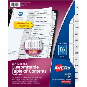 Avery  Table of Contents Dividers, Jan-Dec, 8-1/2"x 11, Black/White