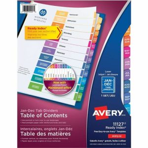 Avery  Index Dividers,T/Contents,12-Tab, Jan-Dec,3HP,8-1/2"x11",MI
