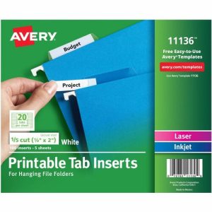 Avery  Tab Inserts, f/Hanging Folders, 1/5 cut, 2", 100/PK, WE