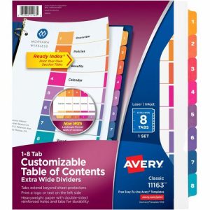 Avery  Index Dividers,Extra Wide,TOC, 3HP, 9.25"x11", 1-8 Tab/ST,MI