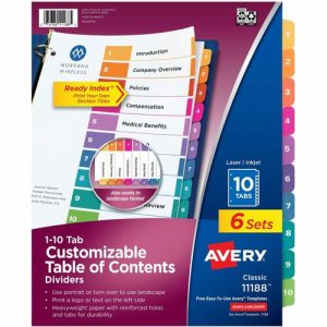 Avery  Ready Index Dividers,TOC,1-10 Tab,3HP,8-1/2"x11",6/PK,Multi