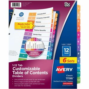 Avery  Ready Index Dividers,TOC,1-12 Tab,3HP,8-1/2"x11",6/PK,Multi