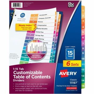 Avery  Ready Index Dividers,TOC,1-15 Tab,3HP,8-1/2"x11",6/PK,Multi