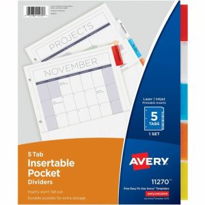 Avery  Pocket Divider,w/Insertable Tabs,5-Tab,11"x8-1/2",5/ST,AST