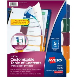 Avery  Dividers w/Table of Contents, 5-Tab, 1-5, Tran/Multi