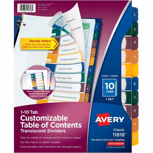 Avery Dividers w/Table of Contents, 10-Tab, 1-10, Tran/Multi