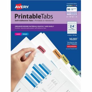 Avery  Printable Tabs, Self-Adhesive, 96/PK, 1-1/4", Assorted