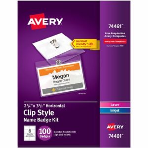 Avery  Name Badges,w/ Clip,Top Load,2-1/4"x3-1/2",100/BX,White