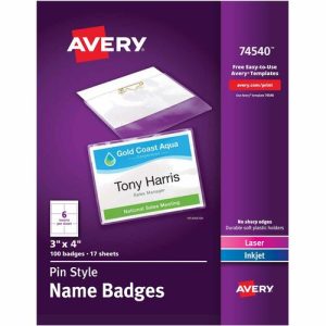 Avery  Name Badge Kit,Easy Pkt,Pin,Top Load,3"x4",100/BX,WE