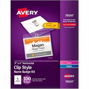 Avery  Name Badges,w/ Clip,Top Load,3"x4",100/BX,White