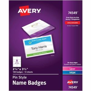 Avery  Name Badge Kit,Easy Pkt,Pin,Top Load,2-1/4"x3-1/2",100/BX,WE