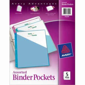 Avery  Binder Pockets, 3HP, Letter, 8-1/2"x11", 5/PK, Assorted