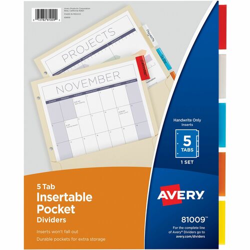 Avery Insertable Divider,Pocket/Tabs,5/Tabs,8-7/8"x11",AST