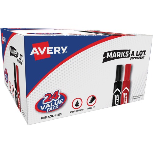 Avery Permanent Markers Value Pack, Chisel Tip, 24/BX, 4Red/20BK