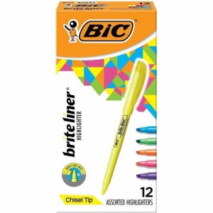 Bic  Highlighters,w/Pocket Clip,Chisel Point,Nontoxic,12/BX,Asst.