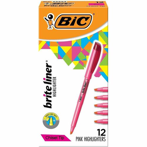 Bic Highlighter, w/Clip, Chisel Point, Nontoxic, Pink