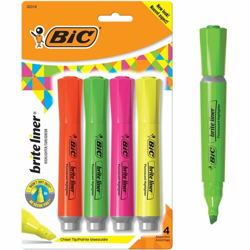 Bic Highlighter, Tank Style, Chisel Tip, 4/ST, AST