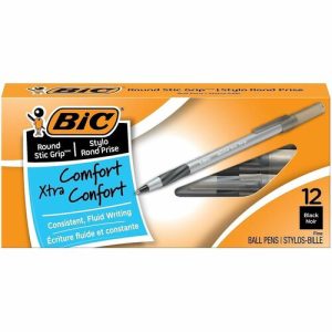 Bic  Round Stic Pens, Comfort Grip, Fine Point, GY Barrel/BK Ink